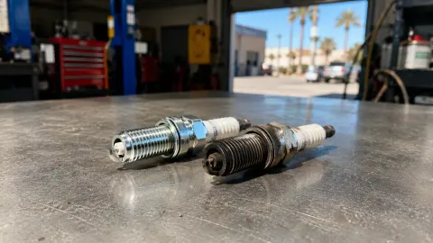 New and worn spark plugs on a workbench at Gemba Automotive, illustrating the difference between a healthy spark plug and one that should be replaced.