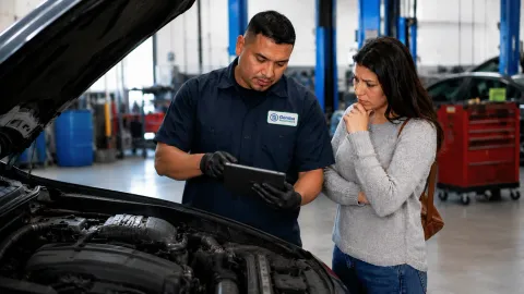 Gemba Automotive technician reviewing preventative maintenance recommendations with a Phoenix driver beside an open vehicle hood.