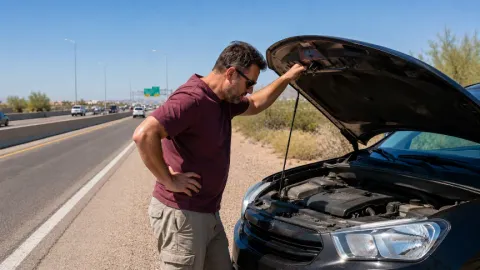Driver inspecting an overheating vehicle on a Phoenix freeway during extreme Arizona summer heat.