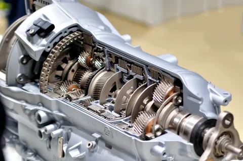 Cutaway view of an automatic transmission showing internal gears and components affected by transmission fluid maintenance.
